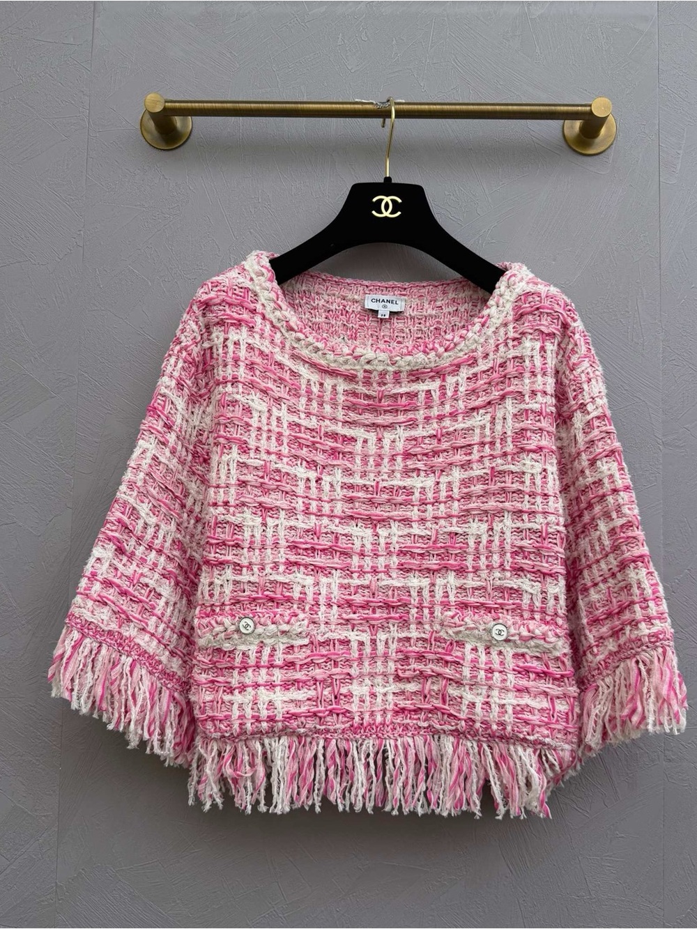 CHANEL Pink and Cream Bouclé Fringe Crewneck Sweater